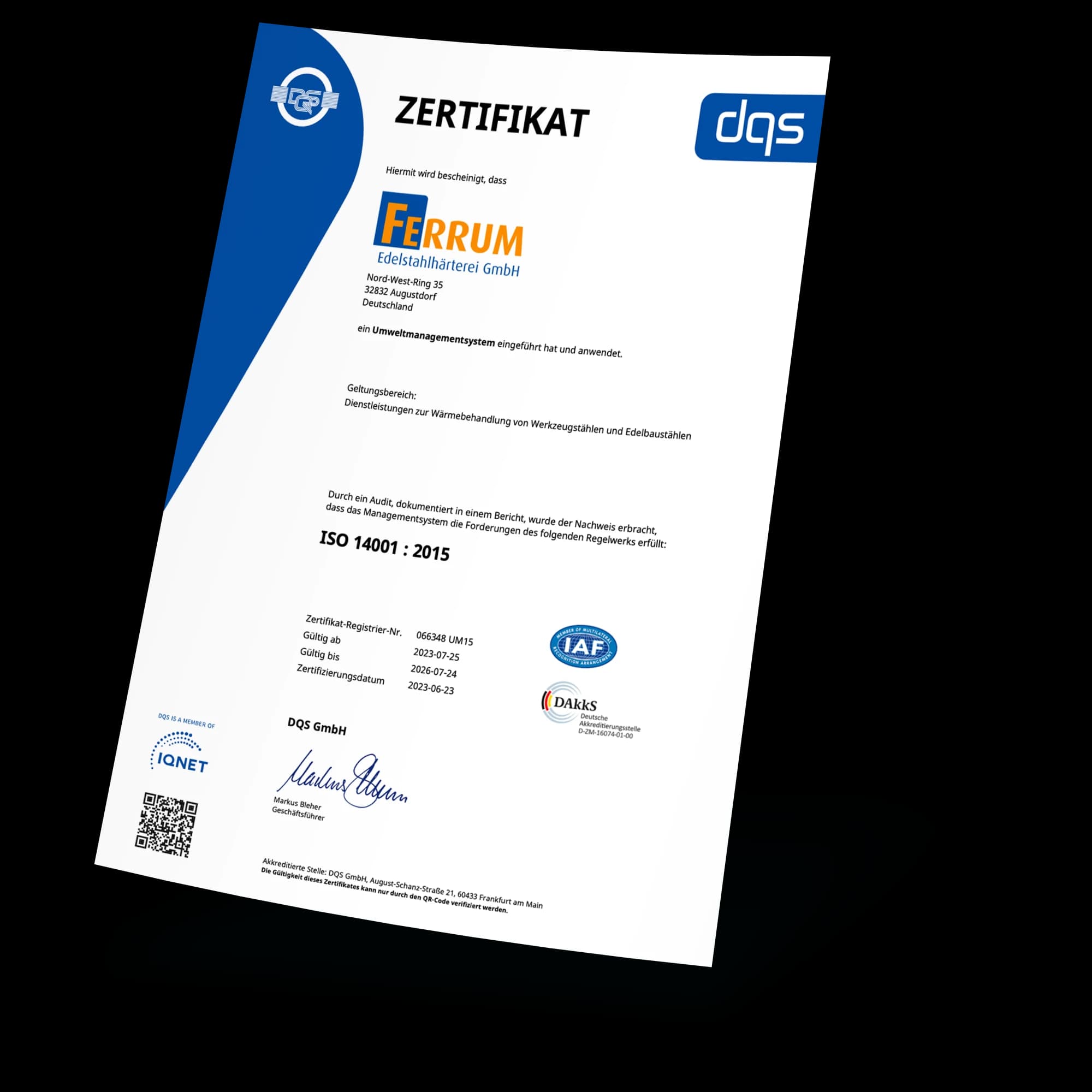 DQS-Zertifikat Umweltmanagement DIN EN ISO 14001